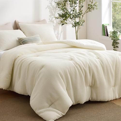 Image of Bedsure Cream King Bed Comforter Set, Waffle Breathable Bedding Set, All Season Comforter with 3 Pieces, 1 Waffle Weave Comforter (104 inchx90 inch) and 2 Pillowcases (20 inchx36 inch)