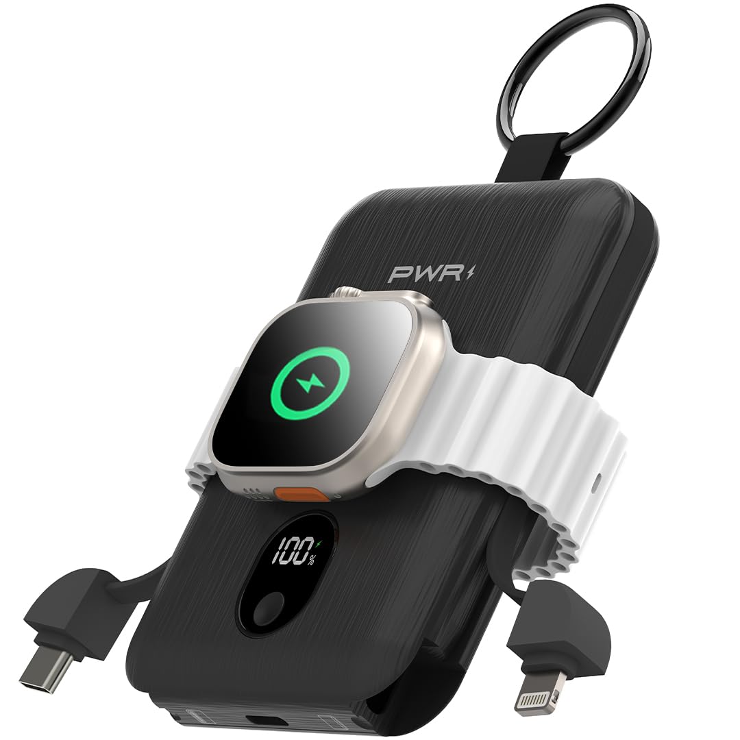 PWRMobile PWR Versa 4 in 1 Apple Watch Portable Charger, 5000mAh iWatch Wireless Charger Power Bank with Built-in Cables, Travel Keychain Charger for
