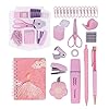 Mini Office Supply Kit Includes Stapler Tape Dispenser Staple Remover Paper Clips Scissor Notebook Highlighter Ballpoint Pen Small Telescopic for Office and School -Notebook Color RandomPink Set