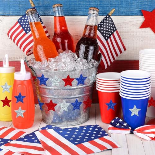 Image of 500 Pcs 4th of July Patriotic Stickers 1In American Sticker Fourth of July Label Red White and Blue Laser Glitter Star Sticker for Independence Day Memorial Day Reward Invelope Card Vote Stickers