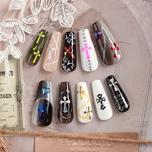 12 Colors Cross Nail Art Stickers, 3D Cross Self-Adhesive Sticker Design, Laser Gold Silver Red Black White Pink Yellow Green Pink Blue Cross Nail Transfer Decals For Women Manicure Decorations #TOP1