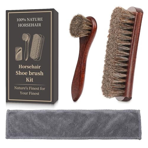 3PCS 100% Horse Hair Shoe Brush Set for Leather Boots Horsehair Brush for Polishing Cleaning Buffing Professional Shoe Shine Kit for Men Suede Boot Care Conditioner Accessories Tool