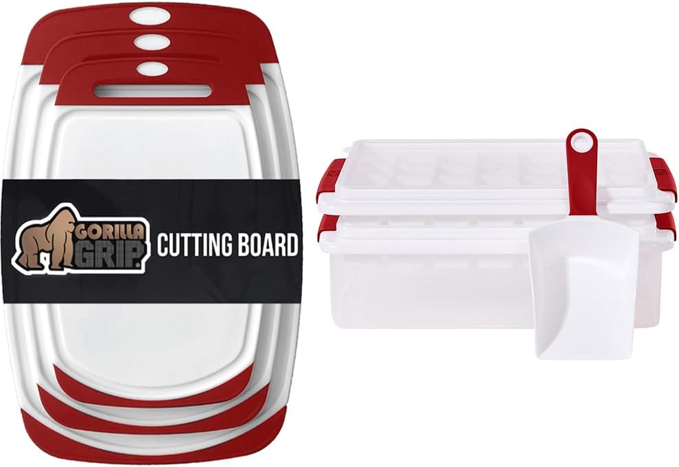 Gorilla Grip Cutting Board and Ice Cube Tray, Cutting Board Set of 3 Dishwasher Safe, Ice Cube Tray and Bin Set, Includes 2 Trays with Lids, Both in Red, 2 Item Bundle