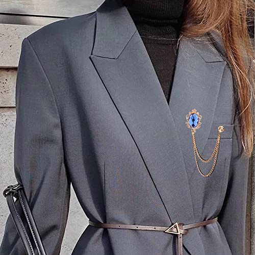 Image of Vintage Gemstone Chain Brooch Pin,Rhinestone Long Chain Tassel Suit Pin Zircon Oval Gem Lapel Pin Jewelry for Women Men