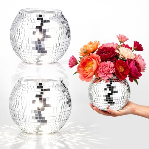 Sunmuliiiy 2 Pcs Disco Ball Vase 4 X 4.7 Disco Ball Vases for Centerpieces Silver Mirror Disco Ball Planter for Wedding Table Centerpieces Birthday Party Decoration