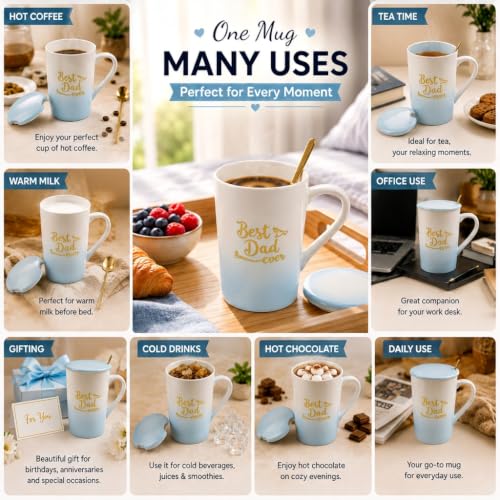 Image of ZAICUS Best Dad Ever Coffee Mug with Lid & Spoon, Ceramic Gift for Father | Suitable for Hot & Cold Beverages | Ceramic Mug | Elegant White & Blue Gradient Finish
