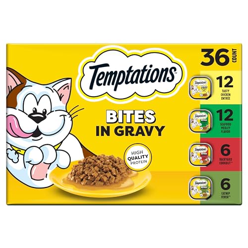 Temptations Bites in Gravy Adult Wet Cat Food Tasty Chicken Entree Seafood Medley Backyard Cookout and Catnip Fever 3.5 oz. Trays (36 Count Pack of 1)