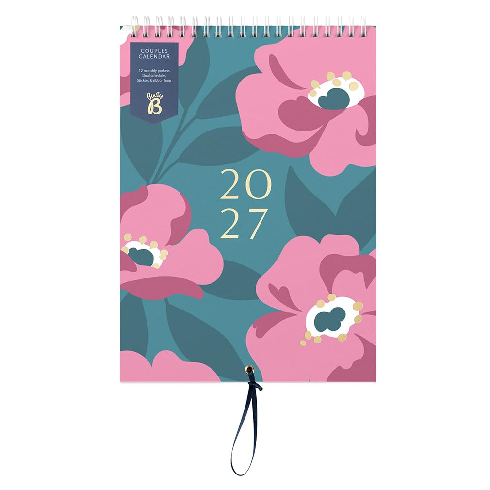 Busy B 2027 Couples Wall Calendar - Teal Floral - Slim Dual Schedule