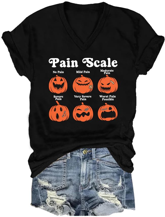 Pain Scale Fall Pumpkin Nurse V Neck T Shirt Halloween Nurse Shirt Halloween Pumpkin Spooky Tops
