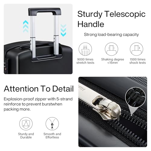 Hanke 20 Inch Hard Shell Suitcases with Spinner Wheels, Lightweight Carry On Luggage 22x14x9 Airline Approved Built-in TSA Lock, Durable Suitcase Rolling Luggage Carry-On Bag(Jet Black)3