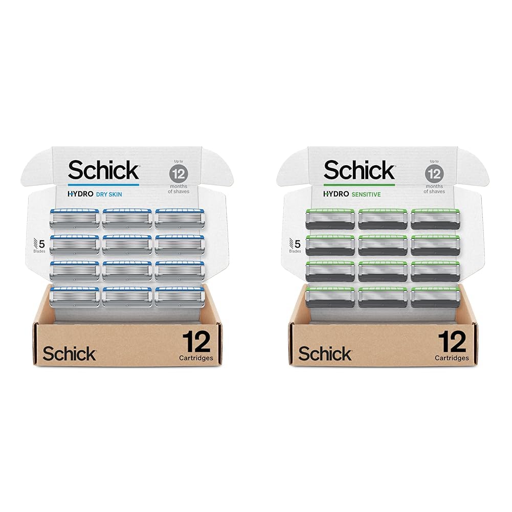 Schick Hydro Dry Skin Refills And Hydro Sensitive Razor Refills For Men, 12 Count Each, Total 24 Count, 5 Blades, Replacement Cartridges