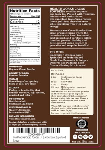 Image of Healthworks Superfoods Organic Cacao Powder - 16 Oz / 1 Lb - Cocoa Chocolate Substitute - Rich Chocolate Flavour - Sugar-Free, Keto, Vegan & Non-GMO - Peruvian Bean /Nut Origin - Antioxidant Superfood