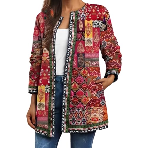 Akivide Women's Boho Ethnic Floral Print Long Sleeve Jacket Coat 2025 Trendy Fall Oversize Cardigan for Women with Pocket