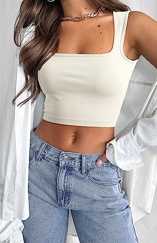 Meyeeka Womens Sleeveless Strappy Tank Square Neck Workout Fitness Casual Basic Crop Tops Beige M #TOP2
