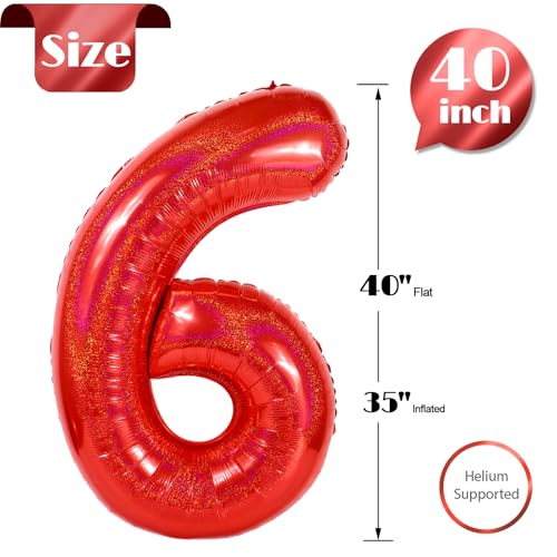 Image of Laser Red 6 Balloon, Number Balloons 40 Inch, 6th Balloons for Birthday Decorations, Laser Red Party Supplies 6 Birthday Balloon, Number 6 Balloon