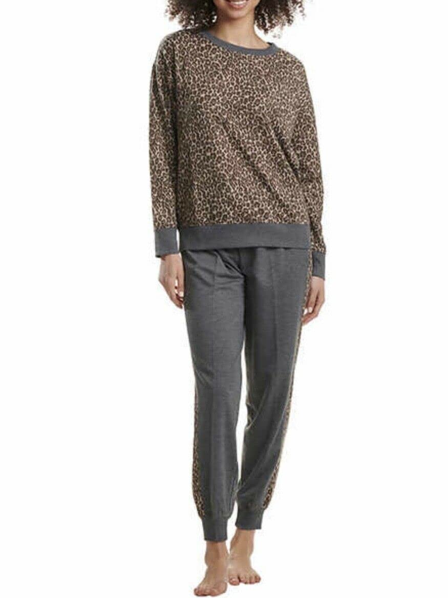 SplendidWomen's 2-Piece Pajama Set Long Sleeve Crewneck Top Jogger Pants (Small, Leopard)