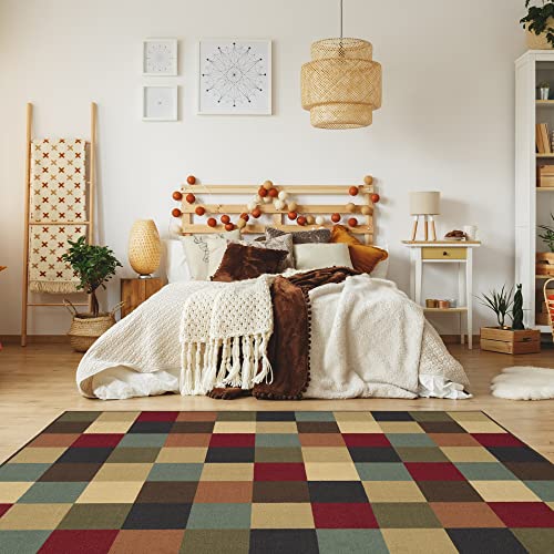 Machine Washable Checkered Design Non-Slip Rubberback 5X7 Traditional Area Rug For Living Room, Bedroom, Kitchen, 5' X 6'6", Multicolor #TOP3