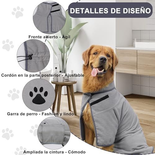 Bademantel Hund, Hundemantel, Bauch Anpassbarer, Graues Hundebademantel für Große Hunde, Ultraleicht Absorbierend, Tuch zum Trocknen, Schnell Trocknend, Innen- & Außenverwendung. XXL