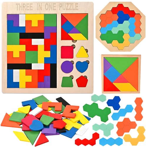 Wooderma 3D Puzzle Tetris Spiel Kinder, Montessori Spielzeug, 3 in 1 Holzpuzzle Kinder, Tangram Puzzle, Kreativ Lernspielzeug, Geschicklichkeitsspiele ab 3 4 5 Jahre, Geschenk für Jungen Mädchen