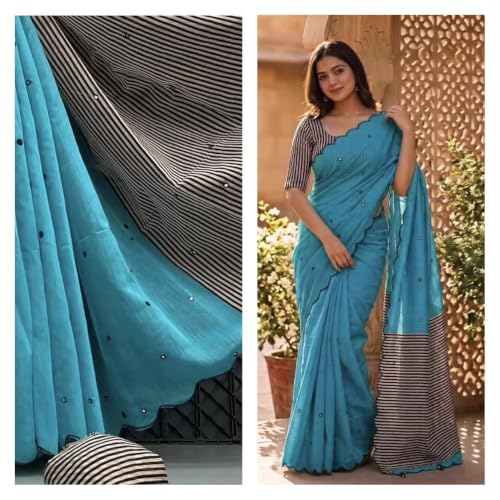 Image of Linen Cotton Saree with Black Mirror Work | New