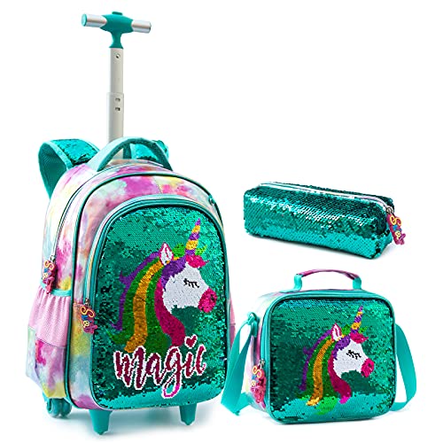 Wheeled Backpack for Girls, Kids Backpack Trolley Bag with Lunch Bag Pencil Case Sequins Primary School Bag Set 16 inch PU Pupils Satchel Rolling Backpack for Girls