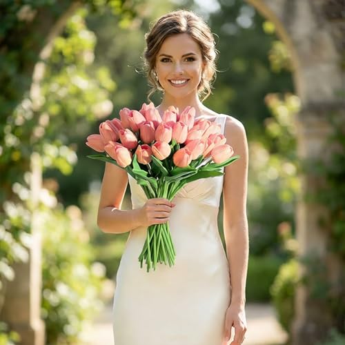 Image of 20Pcs Stems 13.5 Inch Deep Pink PU Artificial Moisturizing Tulips, Faux Tulips Flowers for Thanksgiving Christmas Decorations Wedding Home Table Vase Floral Arrangements