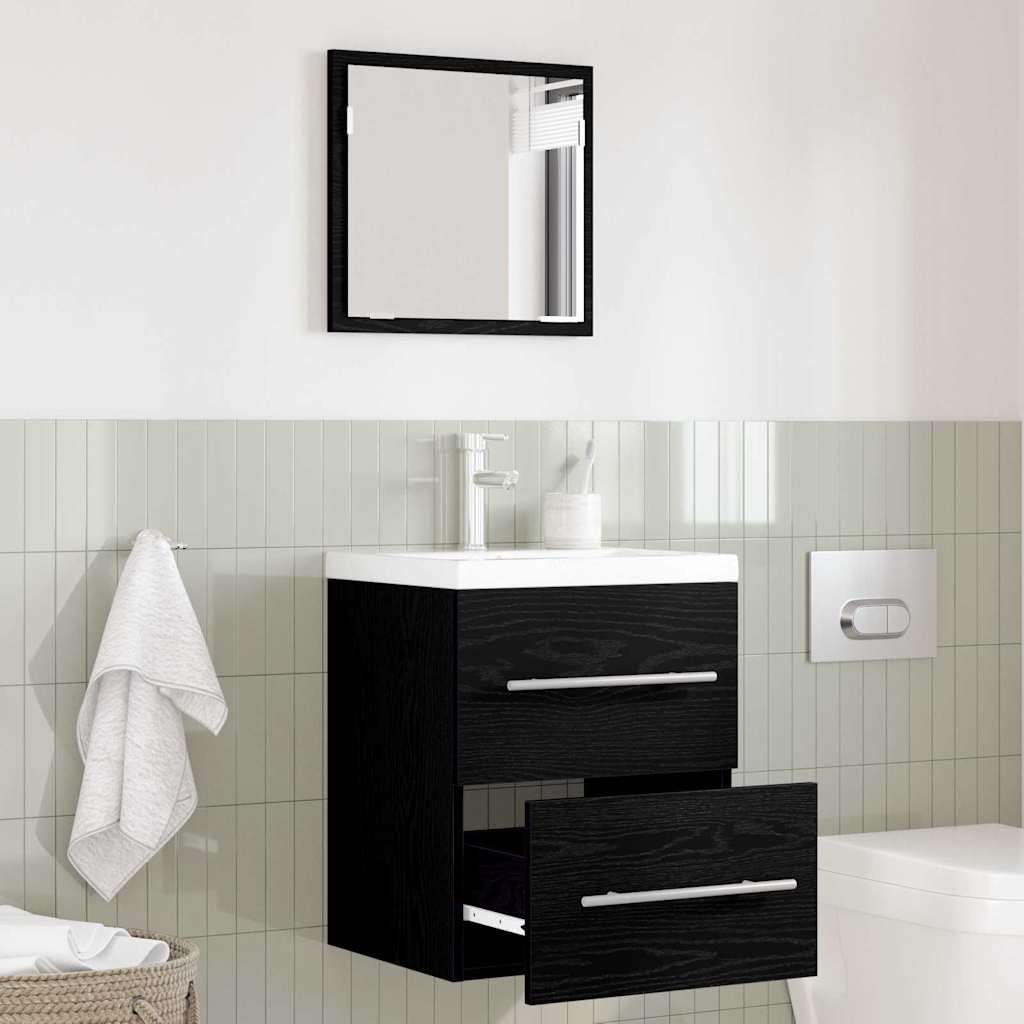 Mueble de baño con cajones amplios en madera negra y soporte de metal para organizar el aseo
