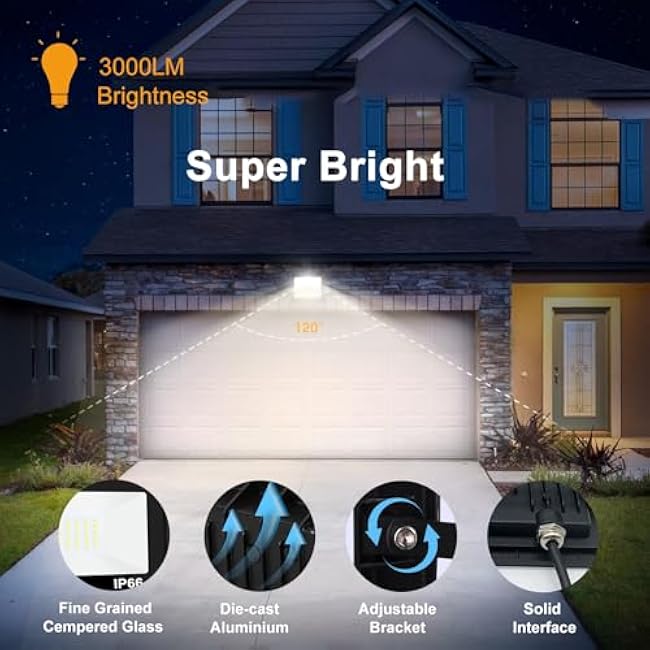 30W Flood Light Plug in Flood Lights Outdoor IP66 Waterproof, 6500K 2 Pack led Work Light floodlights for Yard Garden Stadium Garage Playground
