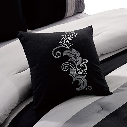 Chezmoi Collection Napa 7-Piece Luxury Leaves Scroll Embroidery Bedding Comforter Set (California King, Gray/Light Gray/Black)