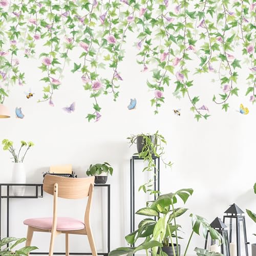 Morning Glory Hanging Vine Wall Stickers for Bedroom Decor, Purple Morning Glory Green Leaf Wall...