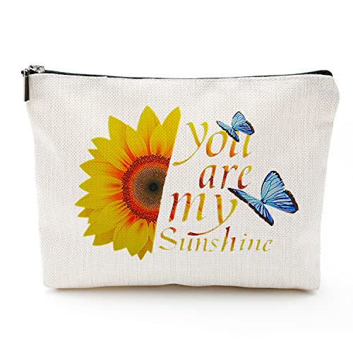 XYZONE Sunflower Makeup Bag You Are My Sunshine with Butterfly Printed Cosmetic Bag Cute Zipper Wristlet Pouch for Purse Travel Accessories Organizer,Birthday Gifts for Women