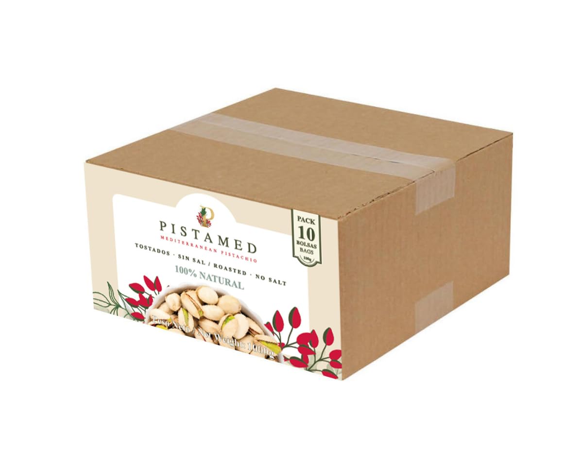 PISTAMED - Pistachos con Cáscara Sin Sal Tostados Artesanalmente - Alto Contenido en Fibra - Apto Veganos y Sin Gluten - Pack 10 x 100 g Formato Individual - Origen España - Snack Natural
