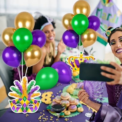 Image of 6 Sets Balloon Stand Kit for Table Mardi Gras Table Decorations Mardi Gras Table Centerpieces with Balloon Gold Green Purple Float Carnival Fat Tuesday Party Supplies Decoration