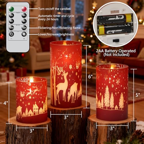 Image of Wondise Red Christmas Reindeer LED Flameless Candles with Remote Timer, Electroplate Glass Battery Operated Real Wax Flickering 3D Wick Pillar Candles for Christmas Holiday Home Decoration