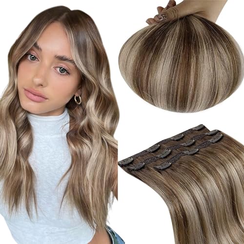 RUNATURE Clip in Hair Extensions Real Human Hair Balayage Blonde to Brown Hair Extensions Clip in Hair 18 Inch 50 Gram 3PCS