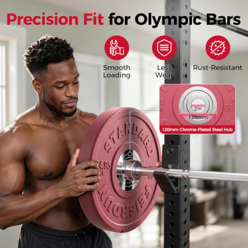 Image of FEIERDUN Color Bumper Plate Set, 2-Inch Olympic Weight Plates, Low Bounce Rubber Barbell Plates with Stainless Steel Insert for Weightlifting, Strength Training, CrossFit & Home Gym, 10LB-370LB