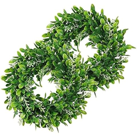LSKYTOP 2 Pcs Boxwood Wreath Round Wreath Artificial Wreath Green Leaves Wreath Door Wall Window Decoration,11Inch/PC Cover