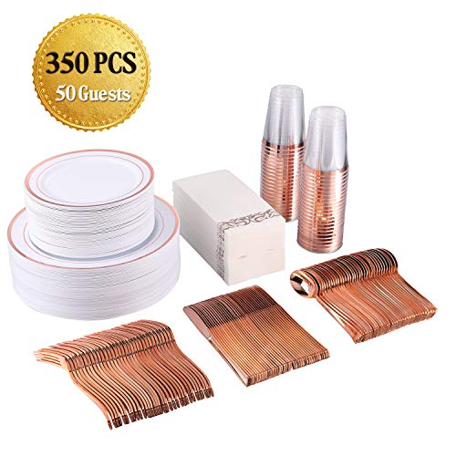 FOCUS LINE 350 Piece Disposable Rose Gold Dinnerware Set for Party or Wedding-100