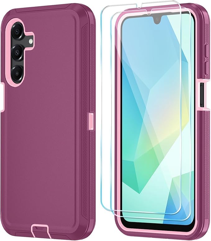 Qinmay Phone Case for Samsung Galaxy A17 5G Case, Galaxy A16 5G Case with HD Screen Protector, Heavy Duty Shockproof 3-Layer Cover Phone Case for Galaxy A17 / A16 ，WineRedPink