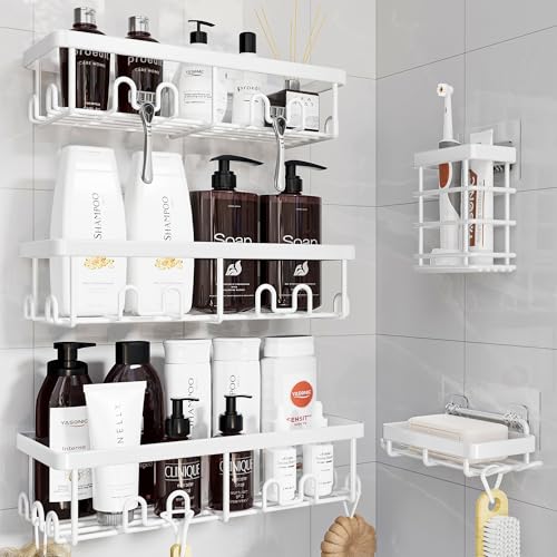 Image of YASONIC Shower Caddy Adhesive, 100% Rustproof Shower Organizer with Soap and Toothbrush Holder, Large Capacity Shower Shelves for Inside Shower, No Drill Shower Storage for Home (5 Pack White)