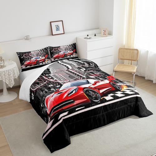 Image of Feelyou Red Race car Comforter Set for Girls Boys Racing Car Comforter Speed Sports Car Bedding Set Room Decor Extreme Sports Duvet Set Automobile Full Size Quilt 3Pcs Boys