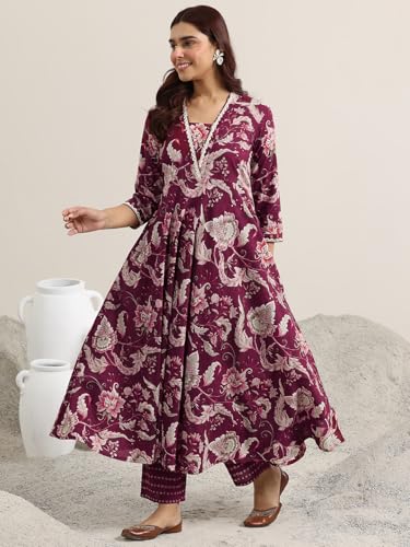 Image of Libas Printed Cotton Anarkali Kurta With Trouser and Dupatta