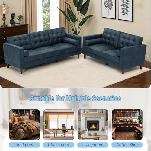 Image of Suede Leather Upholstered Sofa Set with Bolster Pillows, Blue | Tufted 2 Pieces Modern sofas with Bolster Pillows, 3 Seats Sofa and Loveseat with Sturdy Legs for Living Room, House