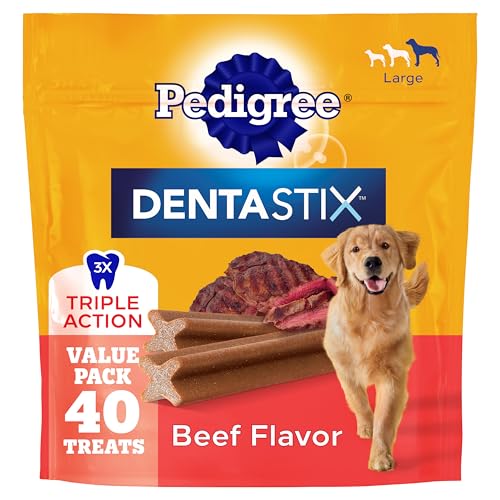 Pedigree Dentastix Dog Dental Treats, Large Breed Dog Treats, Beef Flavor, 2.08 lb. Bag (40 Treats Total)