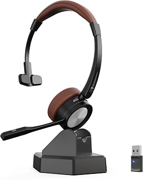 Wireless Headset with Microphone Bluetooth Headset with Charging Station Mono Wireless Headphone with Microphone and USB Dongle Call Centre Headphone for Computer Laptop Teams Office Zoom