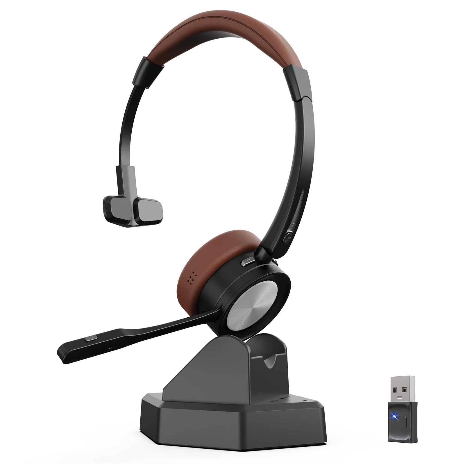 Kabelloses Headset mit Mikrofon, Bluetooth Headset mit Ladestation, Mono Wireless Kabelloses Headphone mit Mikrofon und USB Dongle, Call Center Headphone für Computer Laptop Teams Büro Zoom