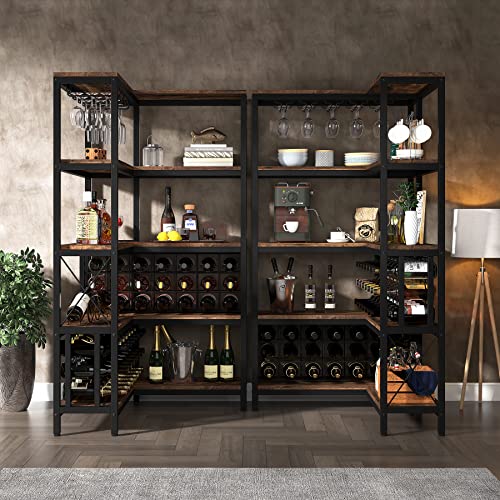 Tribesigns Large Corner Wine Rack, 5-Tier L Shaped Industrial Freestanding Floor Bar Cabinets For Liquor And Glasses Storage, Wooden Wine Bottle Holder Shelf For Home Kitchen Dining Room, Rustic #TOP1