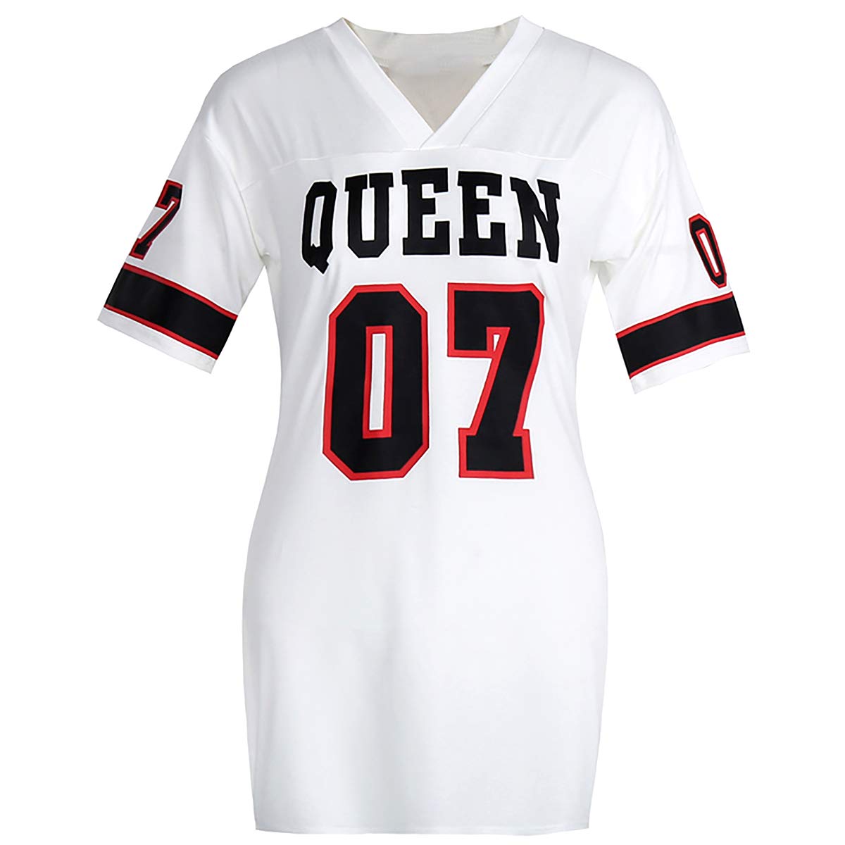 MenXu Women's Fashion Sexy V Neck Queen Letter Printed Package Dress Casual Hip Hop Short Sleeve Mini Dresses (as1, Alpha, xx_l, Regular, Regular, Black)