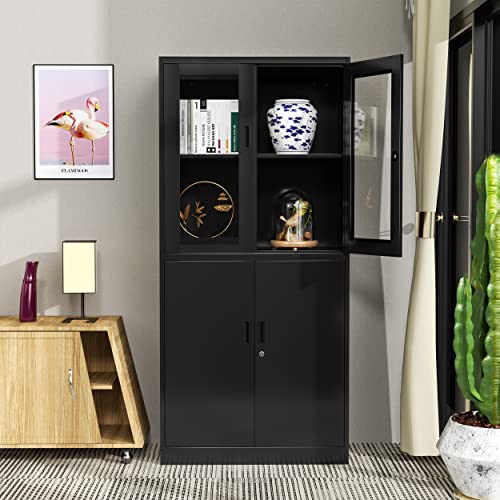 Lissimo Metal Storage Cabinet With Glass Doors, Lockable Office Cabinet, 71" Tall Steel Cabinet With Adjustable Shelves For Home Office,School And Hospital (Black) #TOP3