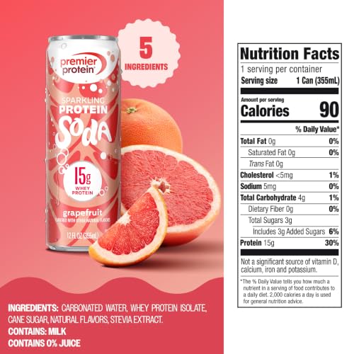 Image of Premier Protein Sparkling Protein Soda, Grapefruit, 15g Whey, 12 Pack | Soft Drink with Benefits, 5 Ingredients, No Artificial Colors or Flavors, 3g Sugar, 12 oz